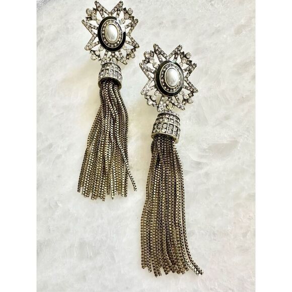 Antique gold and pearl starburst dangle tassel earrings ￼ - Picture 2 of 3